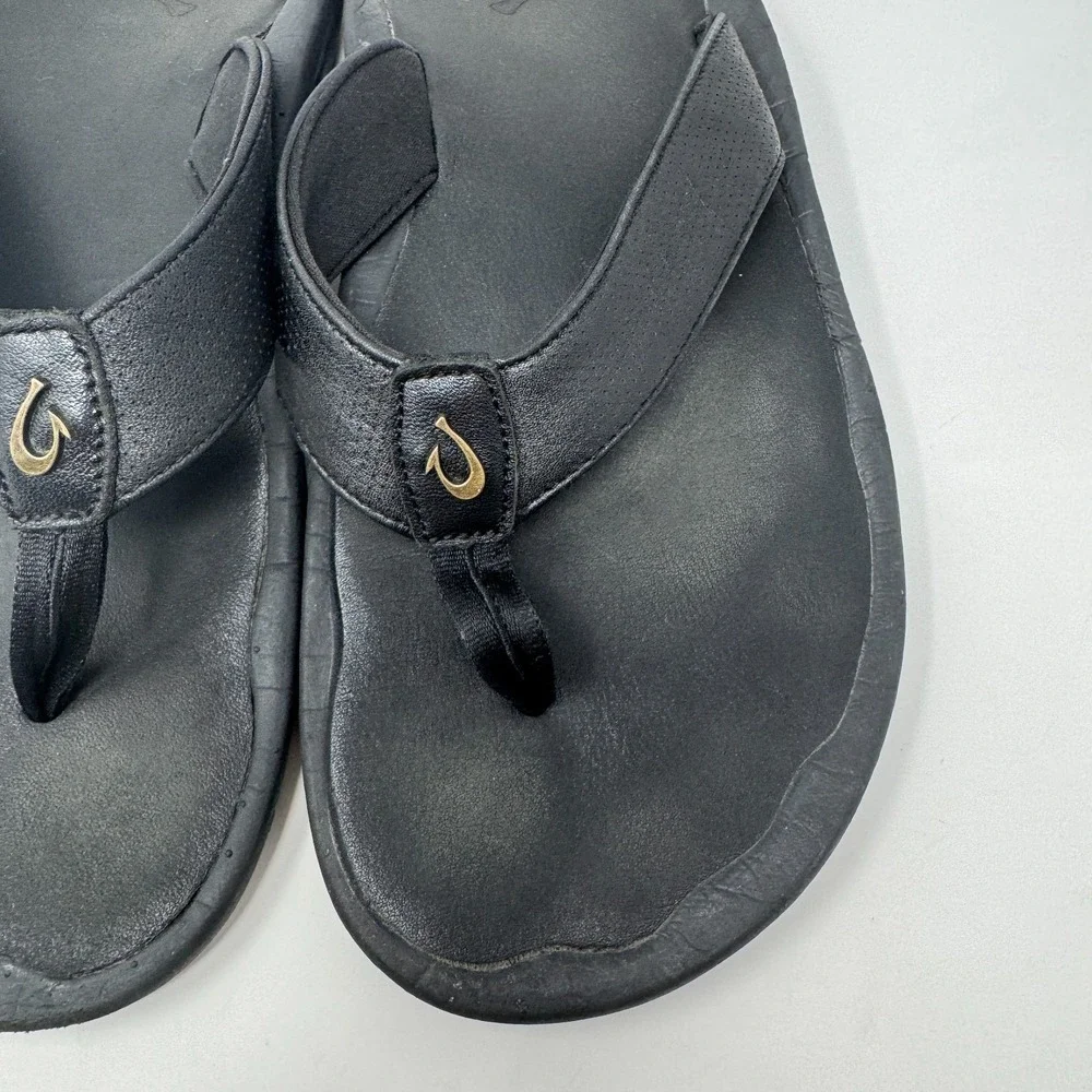 OLUKAI KUPUNA Black Leather Flip Flop Sandals Men's Size US 11